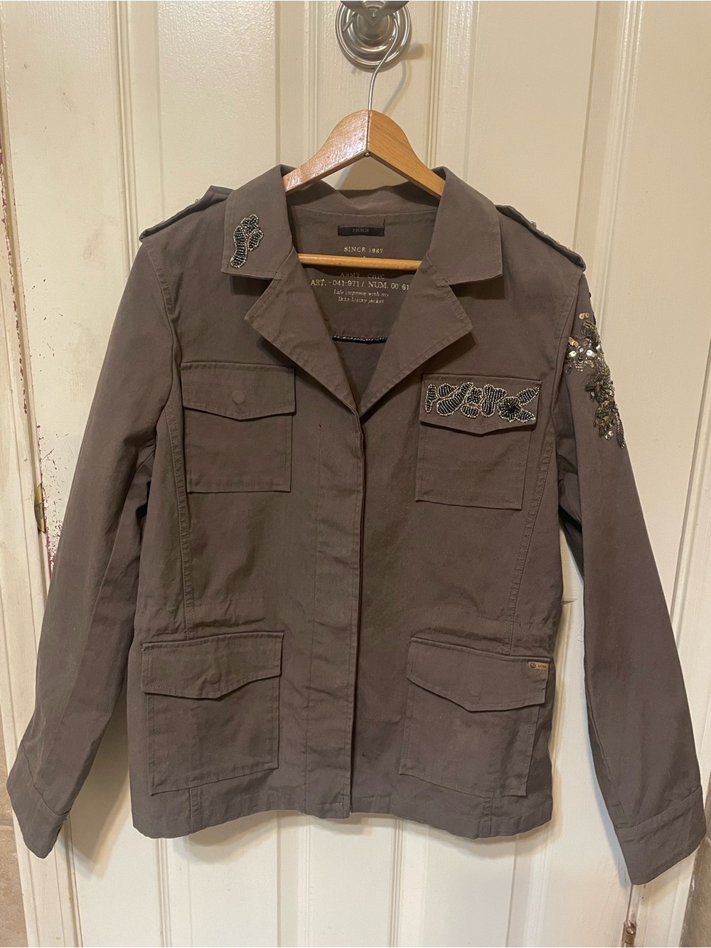 Ikks Military Jacket Size 42 Extra Large Embroidered Drawstring Waist Italy